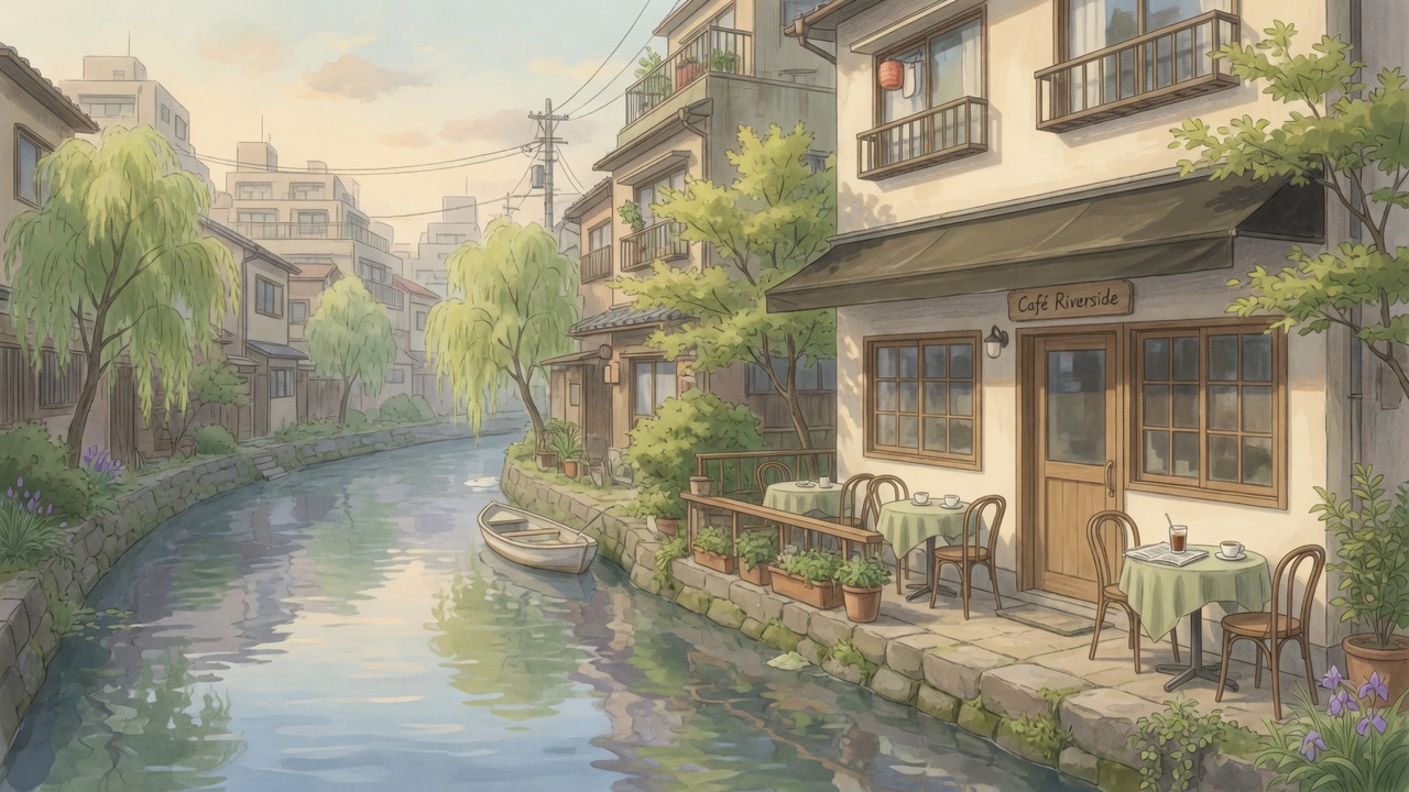川沿いカフェのイラスト